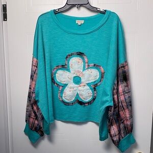 POL Teal Floral Patchwork Top